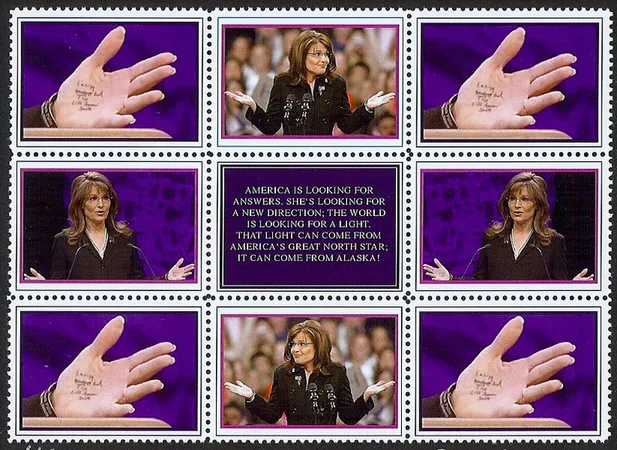 America is looking for answers. She's looking for a new direction; the world is looking for a light. That light can come from America's great North Star; it can come from Alaska. 2011. 25 x 15 cm. Stampsize. Edition: 1/25.
